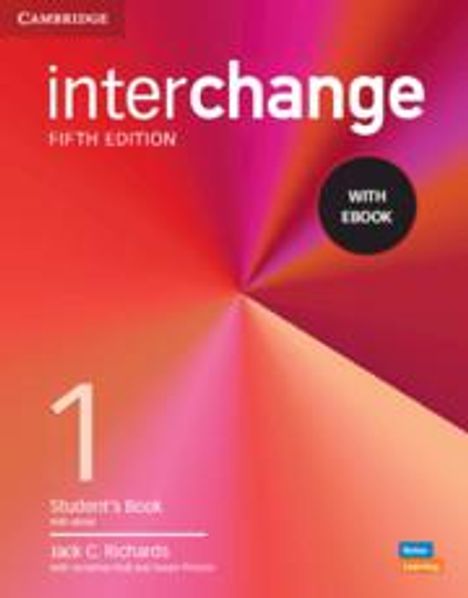 „interchange FIFTH EDITION WITH EBOOK“ steht auf einem bunten, modernen Buchcover mit rot-orangen Farbverläufen.