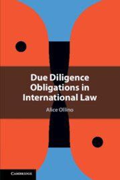 Text: "Due Diligence Obligations in International Law, Alice Ollino." Abstrakte Illustration mit orangen, schwarzen und blauen Formen.