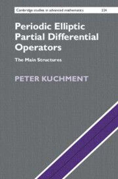 Buchtitel: "Periodic Elliptic Partial Differential Operators" von Peter Kuchment. Ein graues Cover mit lila Streifen.