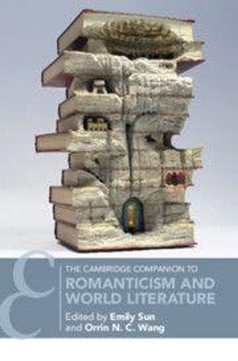Text: "The Cambridge Companion to Romanticism and World Literature. Edited by Emily Sun and Orrin N.C. Wang." Illustration: Bücher als Gebäude.