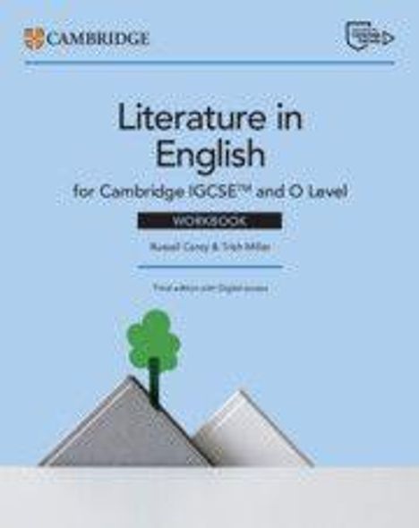 Text: "Literature in English for Cambridge IGCSE™ and O Level Workbook". Oben links ein Cambridge-Logo. Unten Bücher und ein Baum.