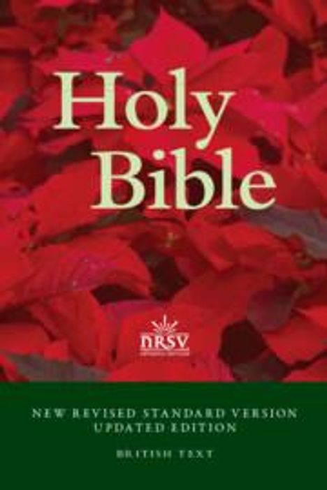 Text: "Holy Bible", "NRSV", "New Revised Standard Version Updated Edition", "British Text". Hintergrund: Rote Blätter.