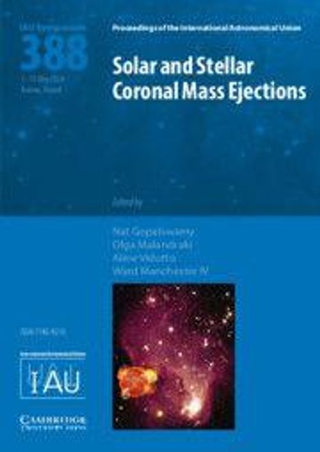 Text: "Solar and Stellar Coronal Mass Ejections". Unten ein abstraktes, farbiges Himmelsbild.