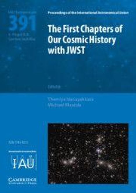 Text: "The First Chapters of Our Cosmic History with JWST". Illustration: Sternenhimmel mit Galaxien und leuchtenden Punkten.
