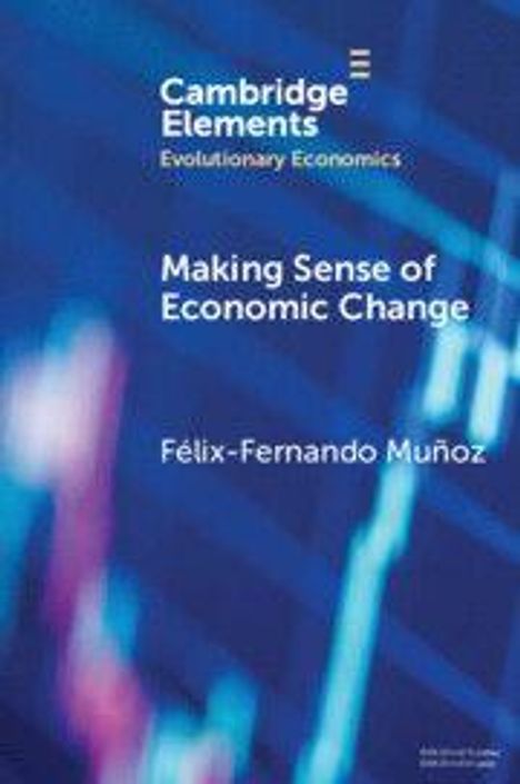 Cambridge Elements, Making Sense of Economic Change, Félix-Fernando Muñoz. Blaues abstraktes Design mit Linien und Formen.