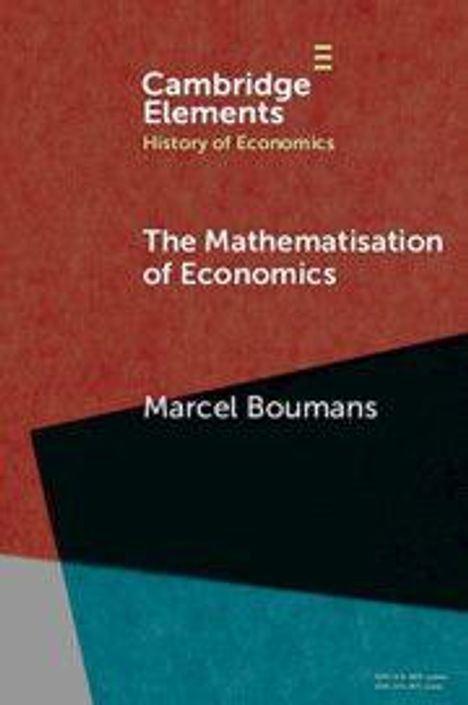 Text: "Cambridge Elements, History of Economics, The Mathematization of Economics, Marcel Boumans." Abstrakte Formen in Rot und Blau.