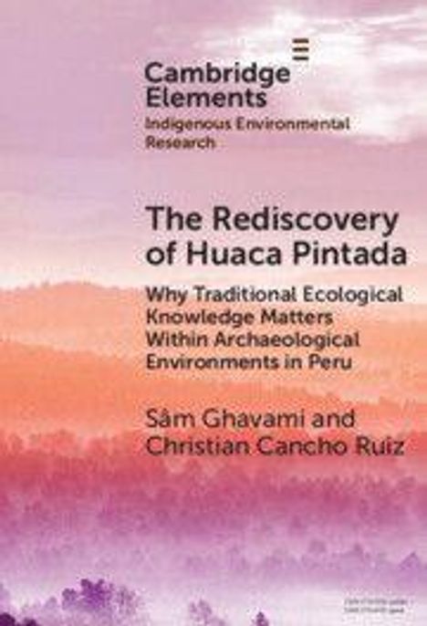 "Cambridge Elements: The Rediscovery of Huaca Pintada" von Säm Ghavami und Christian Cancho Ruiz. Rosa, neblige Landschaft.