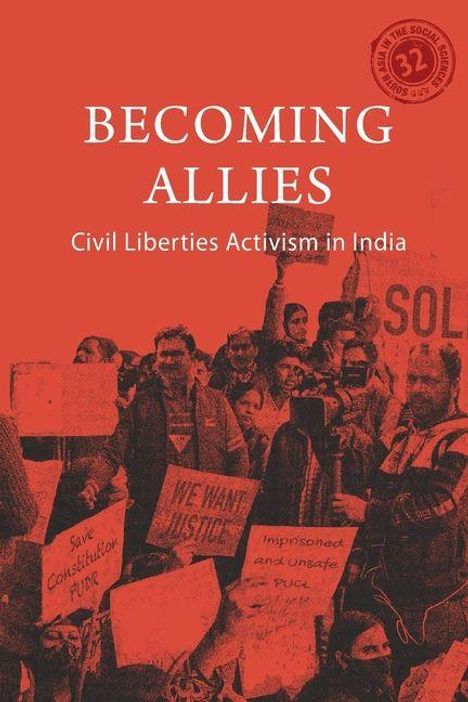 Text: "Becoming Allies: Civil Liberties Activism in India." Szene von Protestierenden mit Schildern.