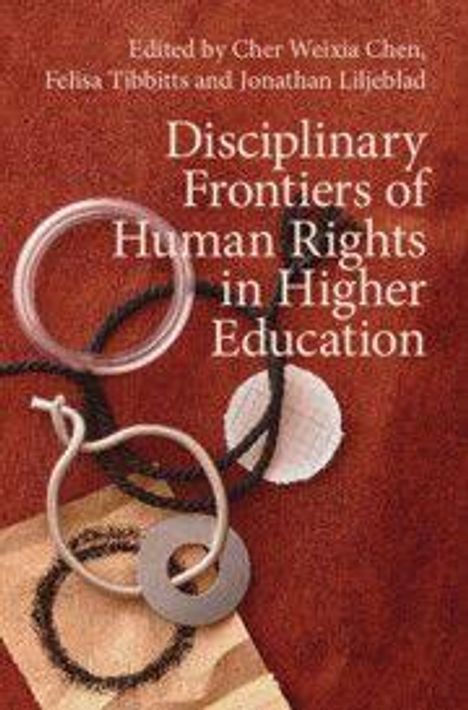 Titel: "Disciplinary Frontiers of Human Rights in Higher Education", rote Hintergrundillustration mit abstrakten Formen.