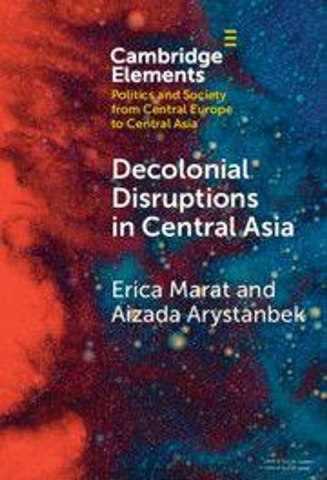 „Decolonial Disruptions in Central Asia“ von Erica Marat und Aizada Arystanbek. Abstraktes Muster in Rot und Blau.