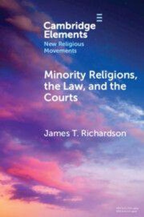 Titel: "Minority Religions, the Law, and the Courts"; Autor: James T. Richardson. Hintergrund mit farbenfrohem Himmel.