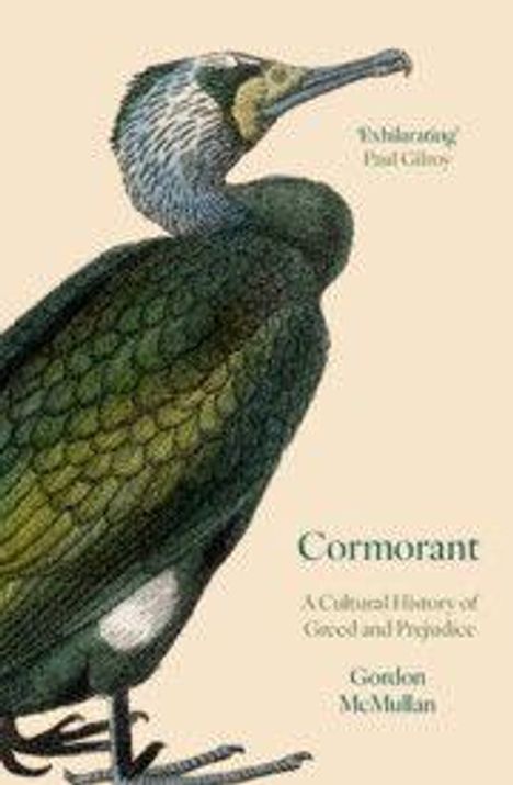 Der Text beschreibt ein Buch: "Cormorant: A Cultural History of Greed and Persuasion" von Gordon McMullan. Ein Kormoran ist abgebildet.