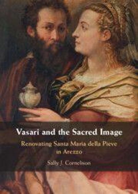 "Vasari and the Sacred Image", zwei Figuren in historischer Kleidung, dunkler Hintergrund, Renaissance-Stil.