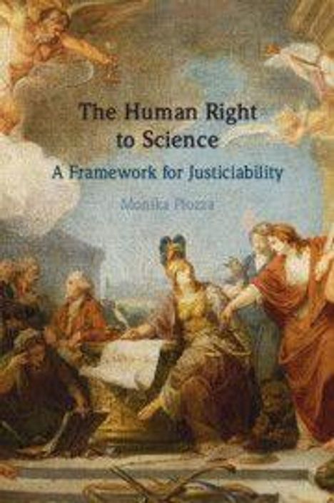 Text: "The Human Right to Science: A Framework for Justiciability, Monika Poetz." Illustration: Antike Figuren in einer Diskussion.