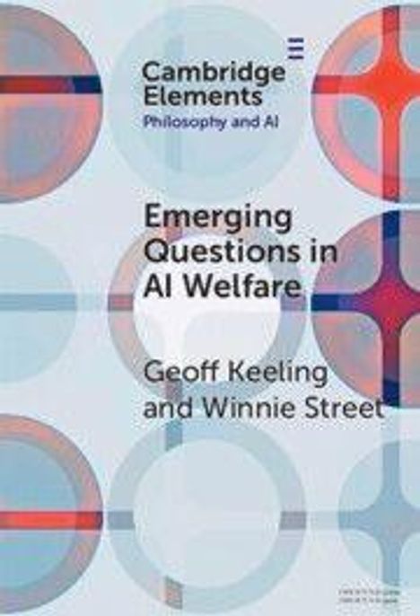 "Emerging Questions in AI Welfare" von Geoff Keeling und Winnie Street. Blau-rote Kreismuster als Hintergrund.
