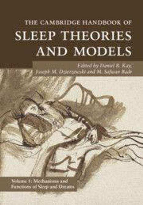"The Cambridge Handbook of Sleep Theories and Models" oben, darunter Gemälde von schlafender Person.