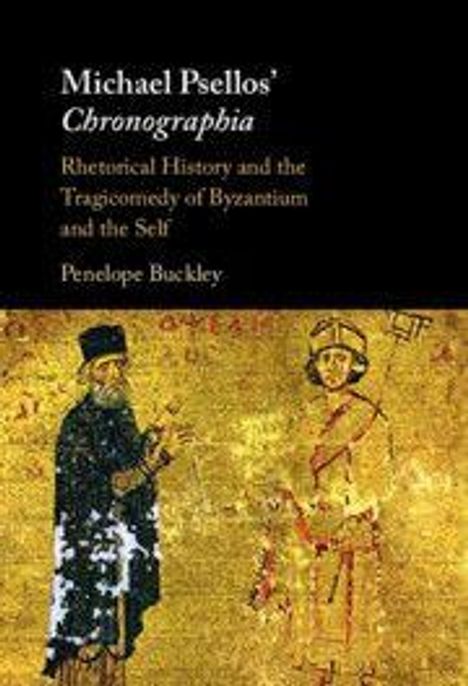 Oben steht: "Michael Psellos’ Chronographia". Darunter figürliche Darstellung zweier Menschen in byzantinischer Kleidung.