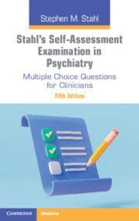 „Stahl's Self-Assessment Examination in Psychiatry“ steht oben. Illustration mit einem Klemmbrett und einem Bleistift.