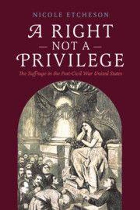 Text: "A Right Not a Privilege: The Suffrage in the Post-Civil War United States" von Nicole Etcheson. Illustration: Eine Frau sitzt erhöht.