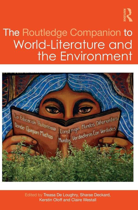 Text: "The Routledge Companion to World-Literature and the Environment". Ein Gemälde mit einer Person, die ein Buch hält.