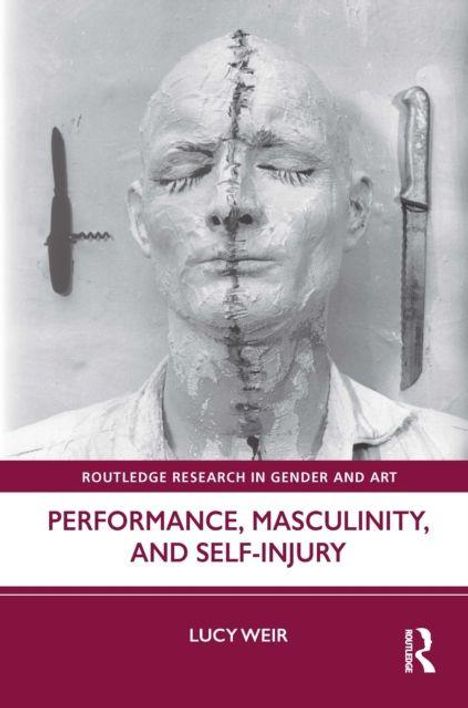 „Performance, Masculinity, and Self-Injury“ von Lucy Weir; Gesichtsskulptur mit vertikaler Naht, Messer daneben.