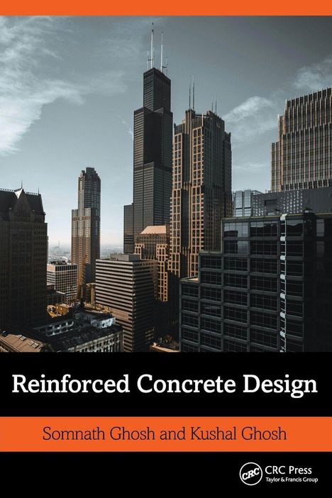 Text: "Reinforced Concrete Design" von Somnath und Kushal Ghosh. Skyline einer Stadt mit Wolkenkratzern vor blauem Himmel.