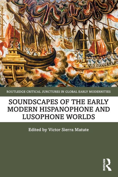 Text: "SOUND, HISPANO, LUSO" zentral. Oben Illustration: historische Seeschlacht mit Segelschiffen.