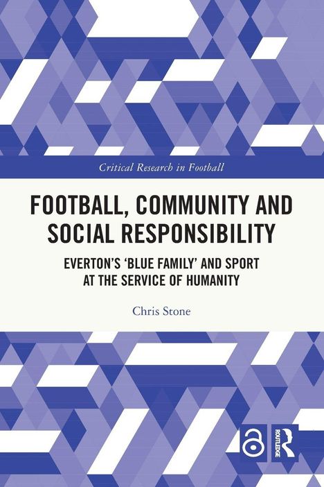 "FOOTBALL, COMMUNITY AND SOCIAL RESPONSIBILITY" in Schwarz auf Weiß. Geometrische Muster in Blau- und Violetttönen.