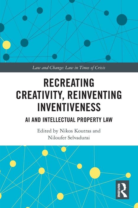 „RECREATING CREATIVITY, REINVENTING INVENTIVENESS“. Blau-weißer Hintergrund mit gelben und schwarzen Punkten, Linien.