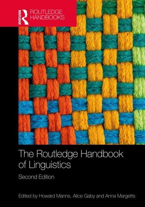 "The Routledge Handbook of Linguistics, Second Edition" steht über einem gewebten Muster in Orange, Blau und Grün.