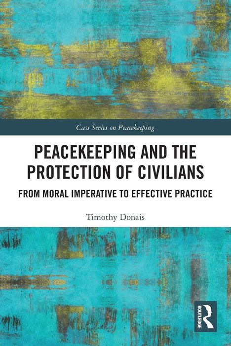 "Peacekeeping and the Protection of Civilians" in Großbuchstaben. Darunter blauer Hintergrund mit abstrakten gelben Mustern.