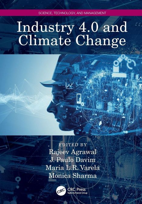 Oben: "SCIENCE, TECHNOLOGY, AND MANAGEMENT". Titel: "Industry 4.0 and Climate Change". Kopf mit Tech-Visuals.
