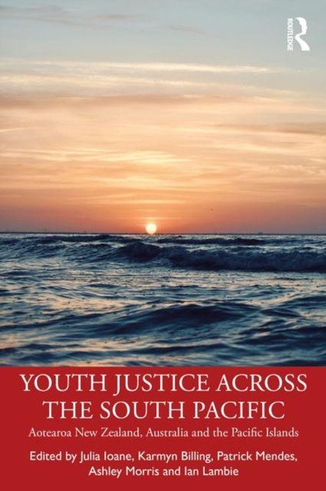 Titel: "Youth Justice Across the South Pacific". Sonnenuntergang über dem Meer, Wellen im Vordergrund. Routledge-Logo oben rechts.