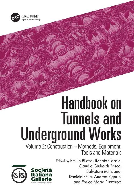 „Handbook on Tunnels and Underground Works“. Komplexe, pinke Illustrationen von Tunneln im Hintergrund. Logo von Società Italiana Gallerie.