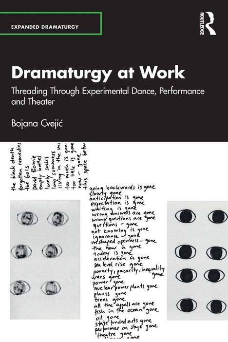"Dramaturgy at Work" von Bojana Cvejić. Handgeschriebene Texte und Zeichnungen mit offenen Augen auf weißem Hintergrund.