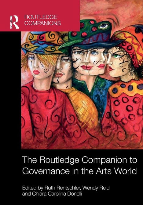 "The Routledge Companion to Governance in the Arts World." Bunte Illustration von Gesichtern mit Hüten und kunstvollen Mustern.