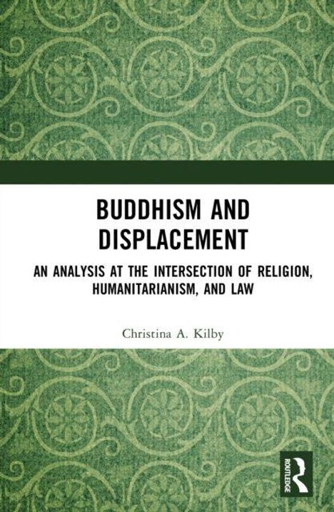 "BUDDHISM AND DISPLACEMENT" und darunter "AN ANALYSIS AT THE INTERSECTION OF RELIGION, HUMANITARIANISM, AND LAW". Autor: Christina A. Kilby. Grünes, spiralförmiges Muster im Hintergrund.