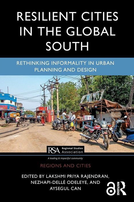 **Resilient Cities in the Global South**: Urban Szene mit Motorrädern und Menschen auf einer Straße; Logos und Titel.