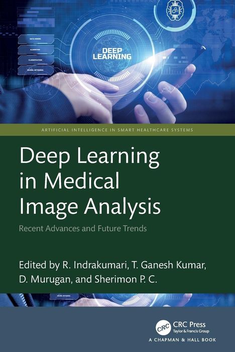 Titel: Deep Learning in Medical Image Analysis. Hände mit Smartphone, futuristisches Interface.