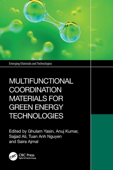 "Multifunctional Coordination Materials for Green Energy Technologies." Grünes Molekülmotiv und schwarzer Hintergrund.