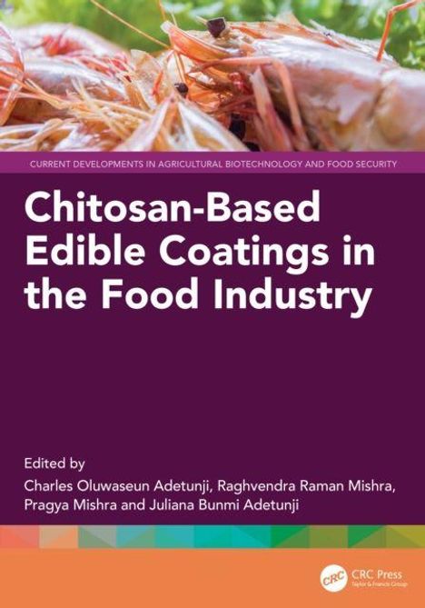 "Chitosan-Based Edible Coatings in the Food Industry" steht groß im Zentrum. Darüber einige Garnelen und grüne Blätter.