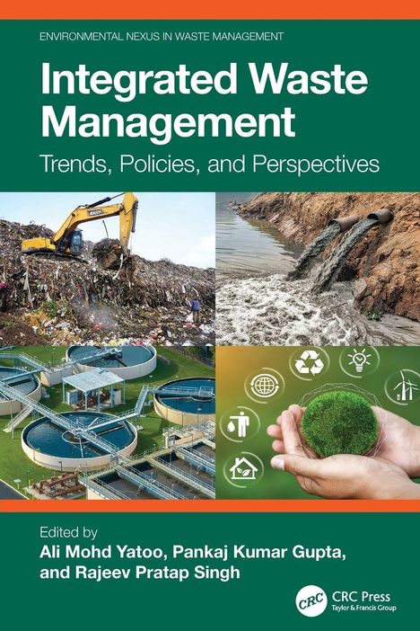 Oben textet: "Integrated Waste Management: Trends, Policies, and Perspectives". Bilder von Abfall, Wasser und Recycling-Symbolen.
