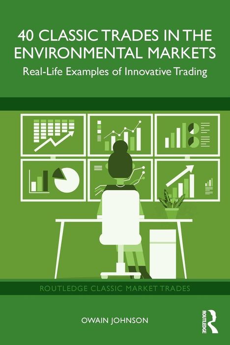 "40 Classic Trades in the Environmental Markets" oben, Person vor Bildschirmen mit Diagrammen, darunter "Owain Johnson".
