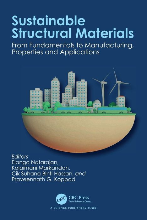 Titel: "Sustainable Structural Materials". Illustration: Stadt auf einer Halbkugel mit Windrädern im Hintergrund.