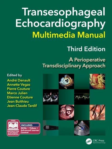 "Transesophageal Echocardiography Multimedia Manual, Third Edition, A Perioperative Transdisciplinary Approach," mit medizinischen Bildern und einem CRC Press Logo.