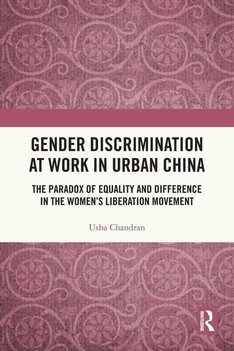 "GENDER DISCRIMINATION AT WORK IN URBAN CHINA" steht groß über einem strukturierten rosa Muster.