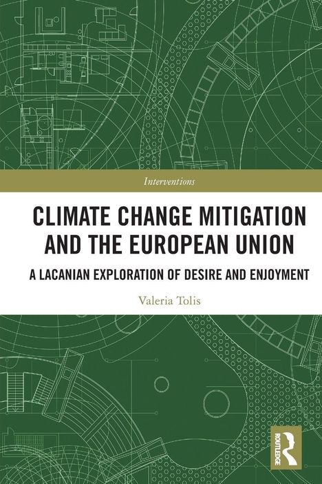 "Climate Change Mitigation and the European Union" mit grünen technischen Zeichnungen im Hintergrund.