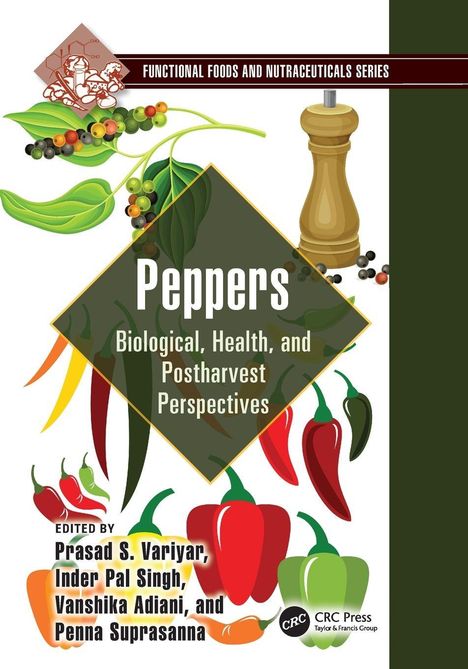 „Peppers: Biological, Health, and Postharvest Perspectives“. Illustration von bunten Paprikaschoten und Pfefferzweigen.
