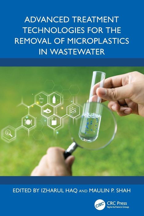 Titel: "Advanced Treatment Technologies for the Removal of Microplastics in Wastewater". Illustration: Hand hält Reagenzglas.