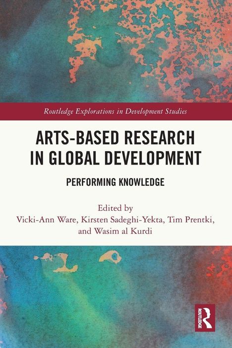 Buchtitel: "Arts-Based Research in Global Development". Abstrakte farbige Illustration im Hintergrund.